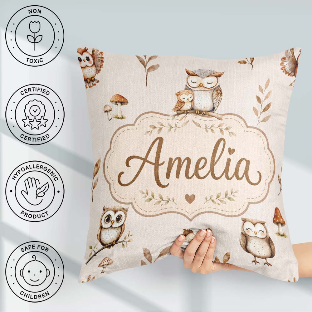 Custom Name Cute Woodland Owls with Leaves Soft Cream Background Square Filled Cushion Throw Pillow Sofa Bed Home Decor Zip Washable UK Made