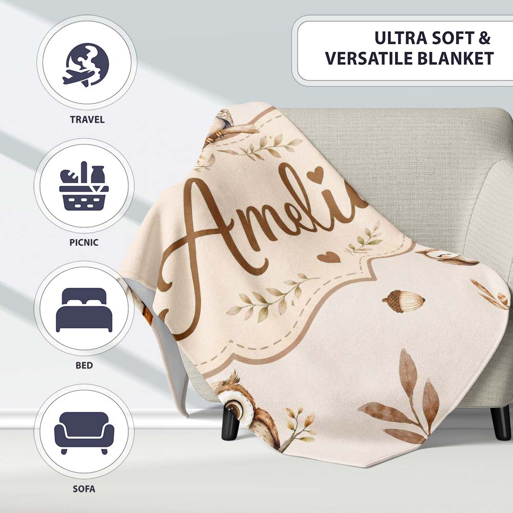 Cute Woodland Owls with Mushrooms Leaves Soft Cream Background Personalised Custom Name Super Soft Fleece Blanket Bed Sofa Throw