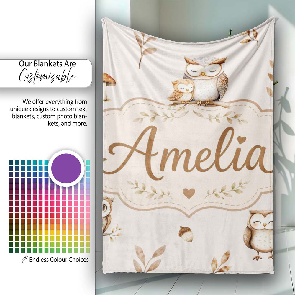 Cute Woodland Owls with Mushrooms Leaves Soft Cream Background Personalised Custom Name Super Soft Fleece Blanket Bed Sofa Throw