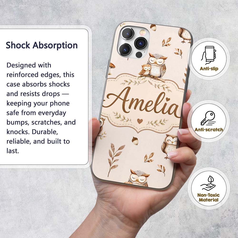 Cute Woodland Owls with Mushrooms Leaves Soft Custom Name Protective Phone Case Mobile Cover Durable Everyday Smartphone Shock Resistant