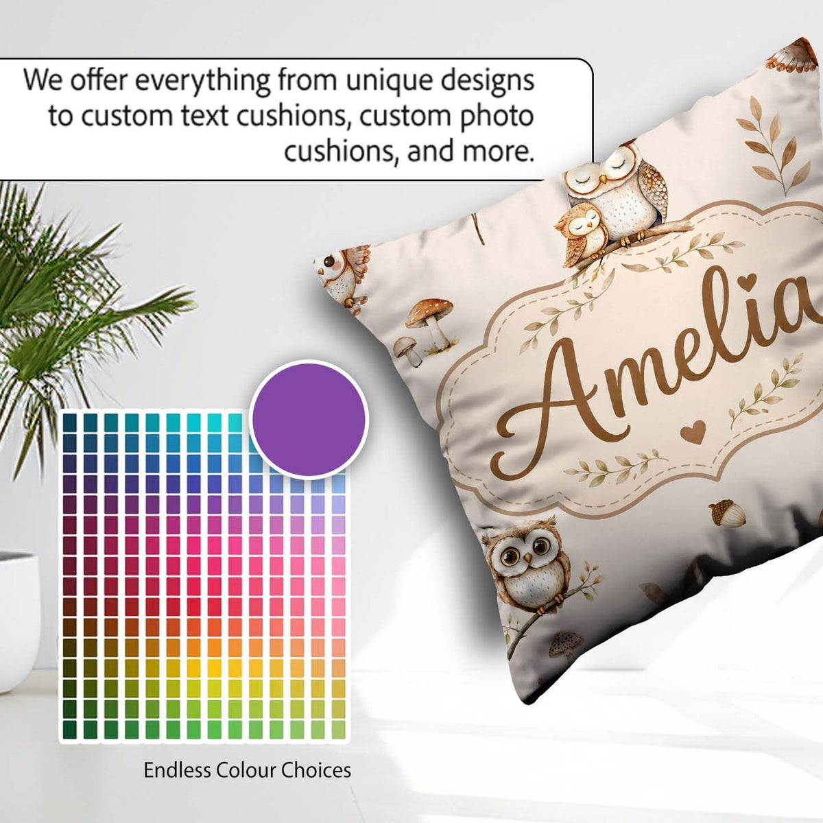 Custom Name Cute Woodland Owls with Leaves Soft Cream Background Square Filled Cushion Throw Pillow Sofa Bed Home Decor Zip Washable UK Made