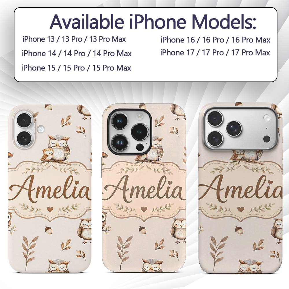 Cute Woodland Owls with Mushrooms Leaves Soft Custom Name Protective Phone Case Mobile Cover Durable Everyday Smartphone Shock Resistant
