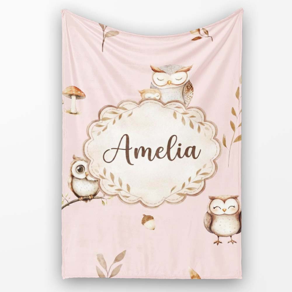 Cute Woodland Owls with Mushrooms Leaves Soft Pink Background Personalised Custom Name Super Soft Fleece Blanket Bed Sofa Throw