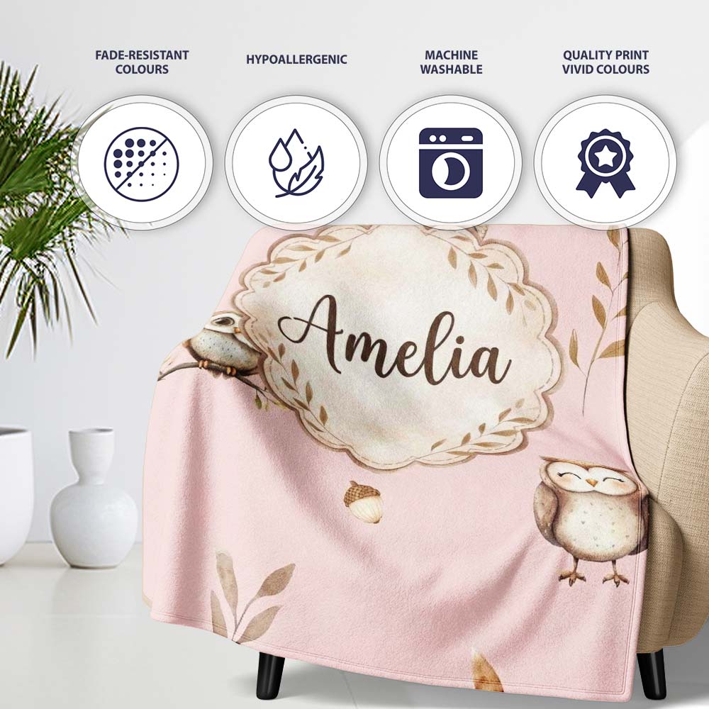 Cute Woodland Owls with Mushrooms Leaves Soft Pink Background Personalised Custom Name Super Soft Fleece Blanket Bed Sofa Throw