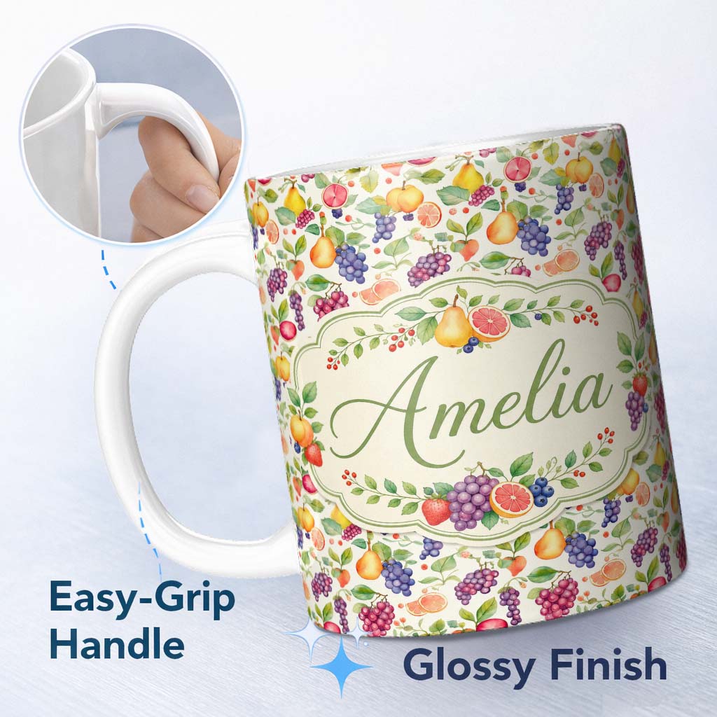 Personalized Custom Name Fresh Watercolor Grapes Pear and Citrus Mix Seamless Pattern Lovely 11oz Ceramic Coffee Tea Mug White Large Handle