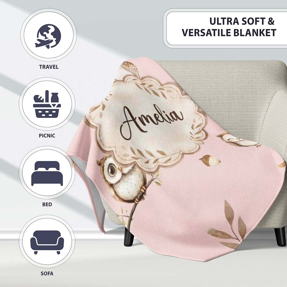 Cute Woodland Owls with Mushrooms Leaves Soft Pink Background Personalised Custom Name Super Soft Fleece Blanket Bed Sofa Throw