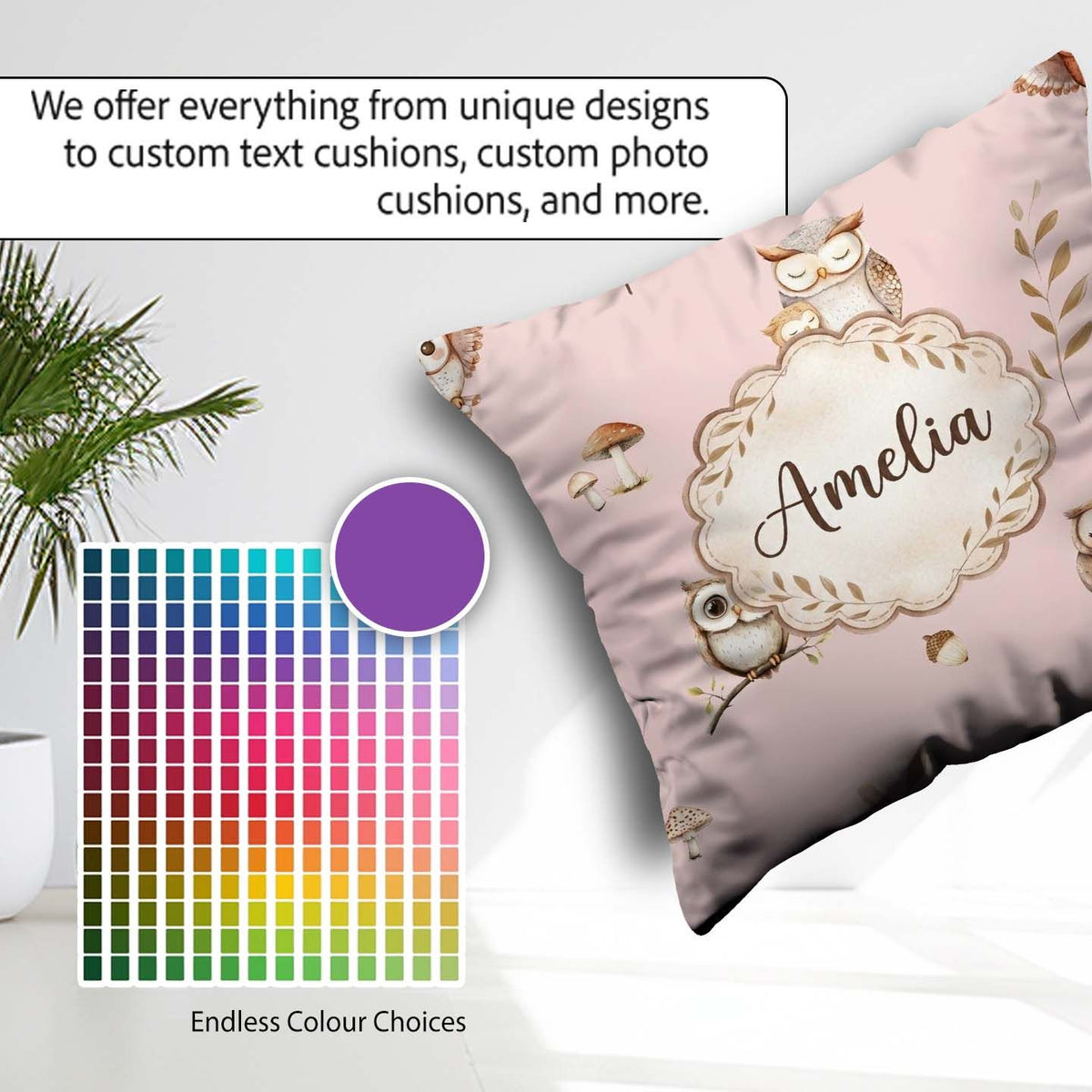 Custom Name Cute Owls with Mushrooms Leaves Soft Pink Background Square Filled Cushion Throw Pillow Sofa Bed Home Decor Zip Washable UK Made