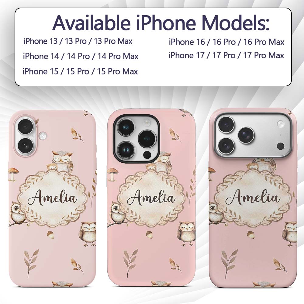 Cute Woodland Owls with Mushrooms Leaves Soft Custom Name Protective Phone Case Mobile Cover Durable Everyday Smartphone Shock Resistant