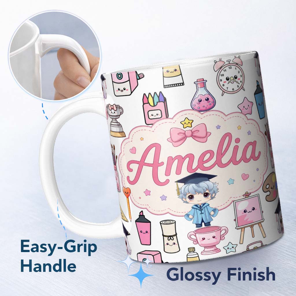 Personalized Custom Name Cute Kawaii Graduation School Science Art Supplies Pattern White 11oz Ceramic Coffee Tea Mug White Large Handle