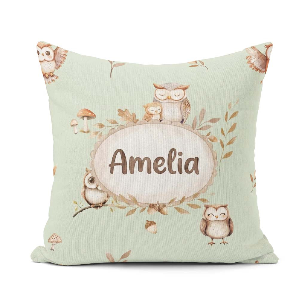 Custom Name Woodland Owls with Mushrooms Leaves Soft Sage Green Square Filled Cushion Throw Pillow Sofa Bed Home Decor Zip Washable UK Made