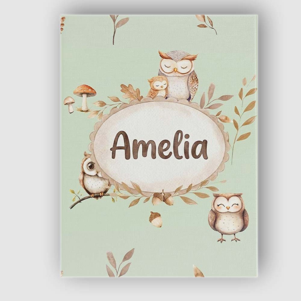 Personalised Name Woodland Owls with Custom Premium Decorative Design Modern Room Accent Canvas Wall Art Print Decor Picture Ready to Hang