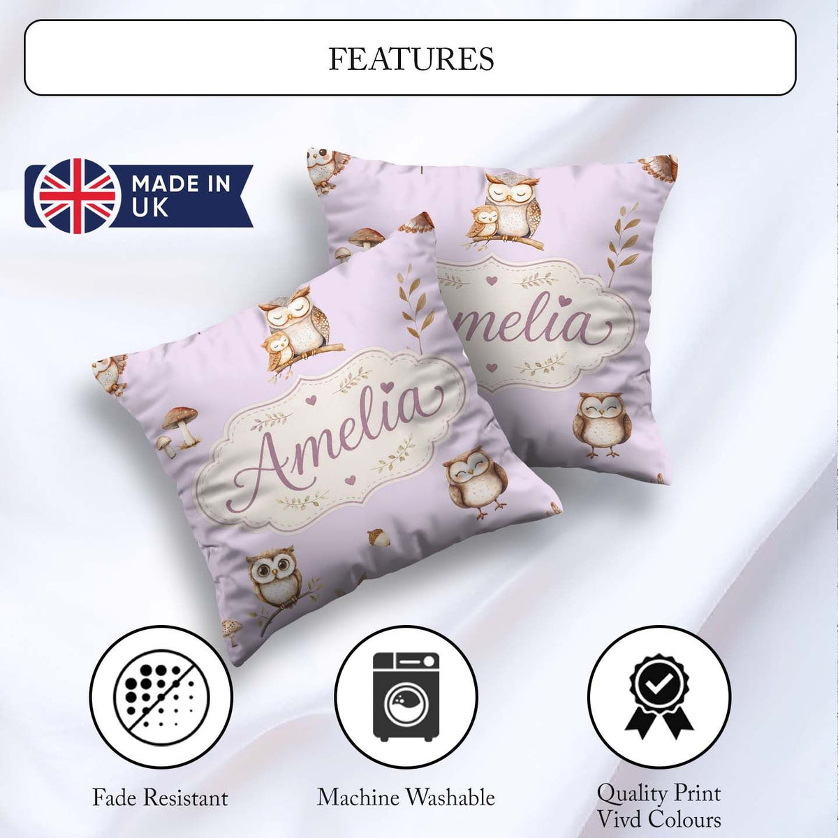 Custom Name Woodland Owls with Mushrooms Leaves Lavender Pattern Square Filled Cushion Throw Pillow Sofa Bed Home Decor Zip Washable UK Made