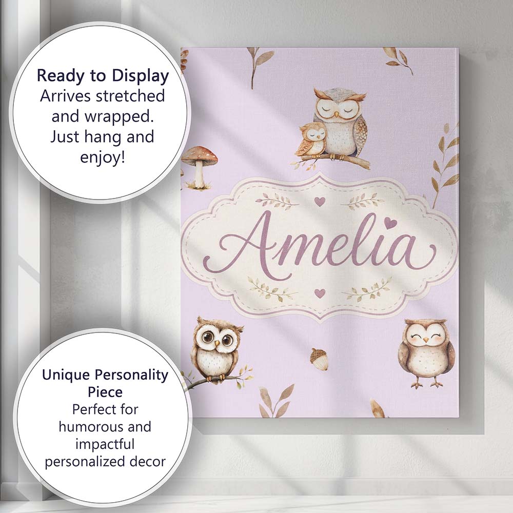Personalised Name Woodland Owls with Custom Premium Decorative Design Modern Room Accent Canvas Wall Art Print Decor Picture Ready to Hang