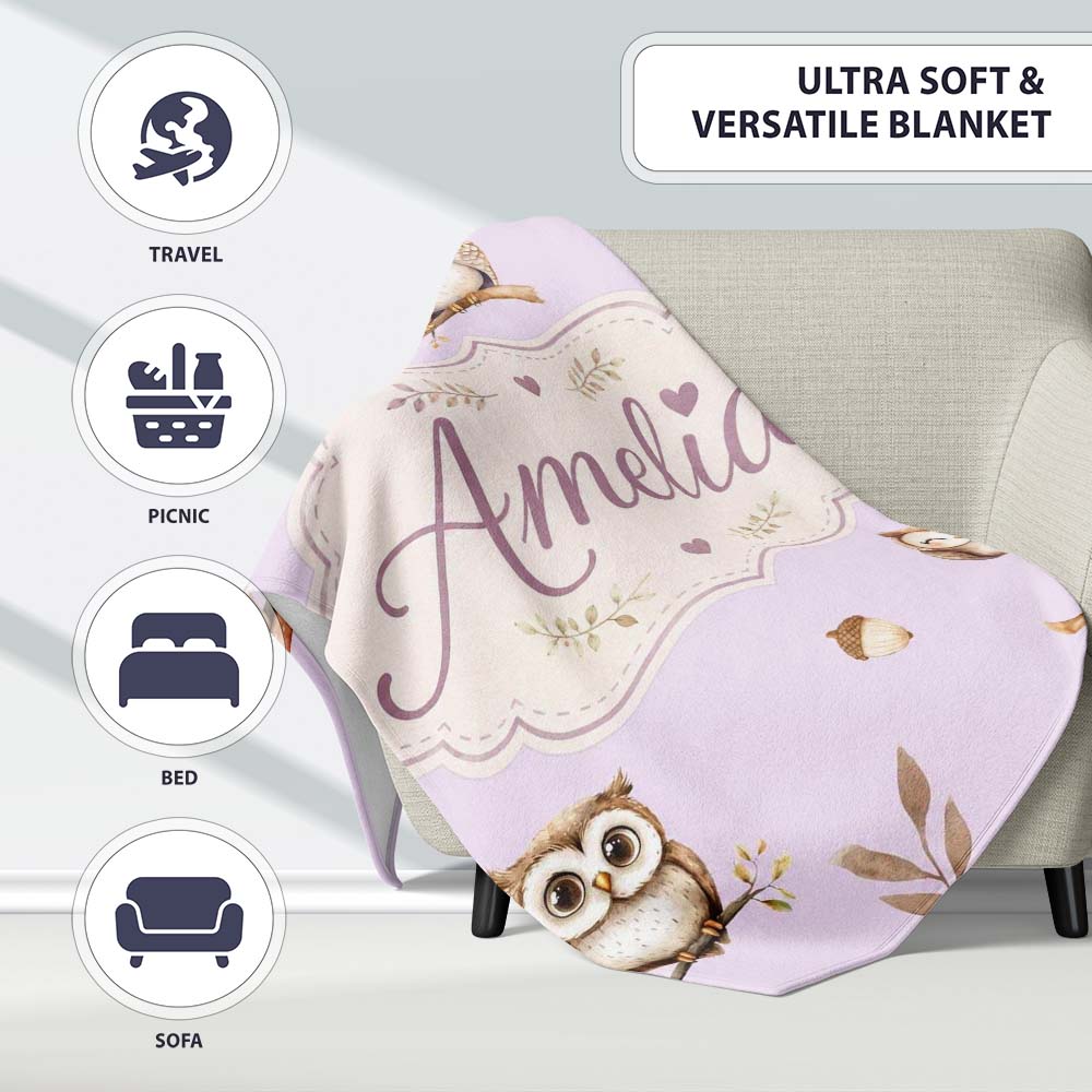 Woodland Owls with Mushrooms Leaves Soft Lavender Seamless Pattern Personalised Custom Name Super Soft Fleece Blanket Bed Sofa Throw