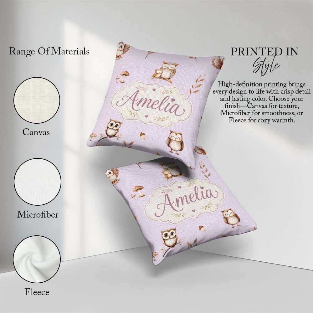 Custom Name Woodland Owls with Mushrooms Leaves Lavender Pattern Square Filled Cushion Throw Pillow Sofa Bed Home Decor Zip Washable UK Made