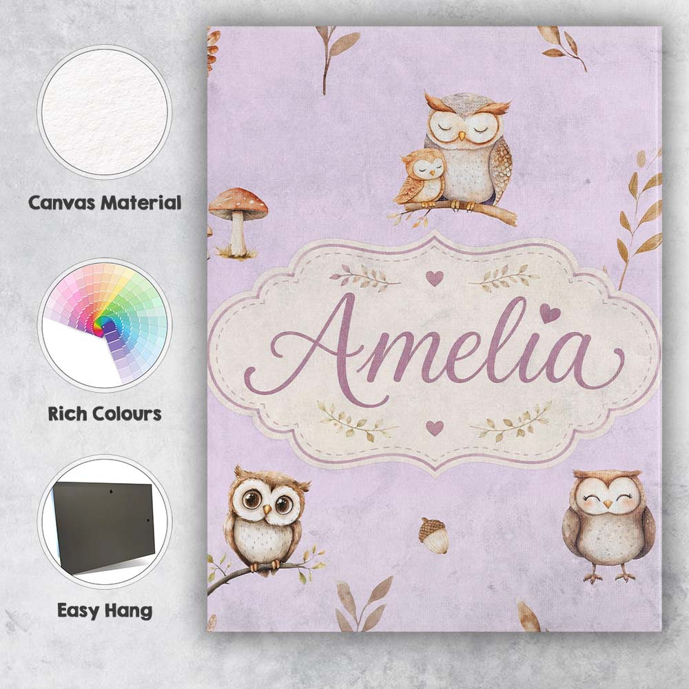 Personalised Name Woodland Owls with Custom Premium Decorative Design Modern Room Accent Canvas Wall Art Print Decor Picture Ready to Hang