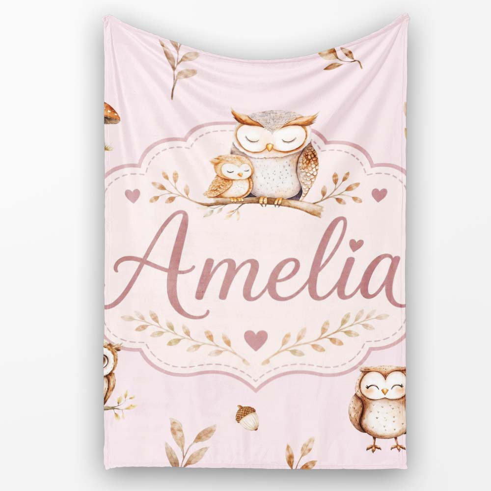 Cute Woodland Owls with Mushrooms Leaves Soft Blush Background Personalised Custom Name Super Soft Fleece Blanket Bed Sofa Throw