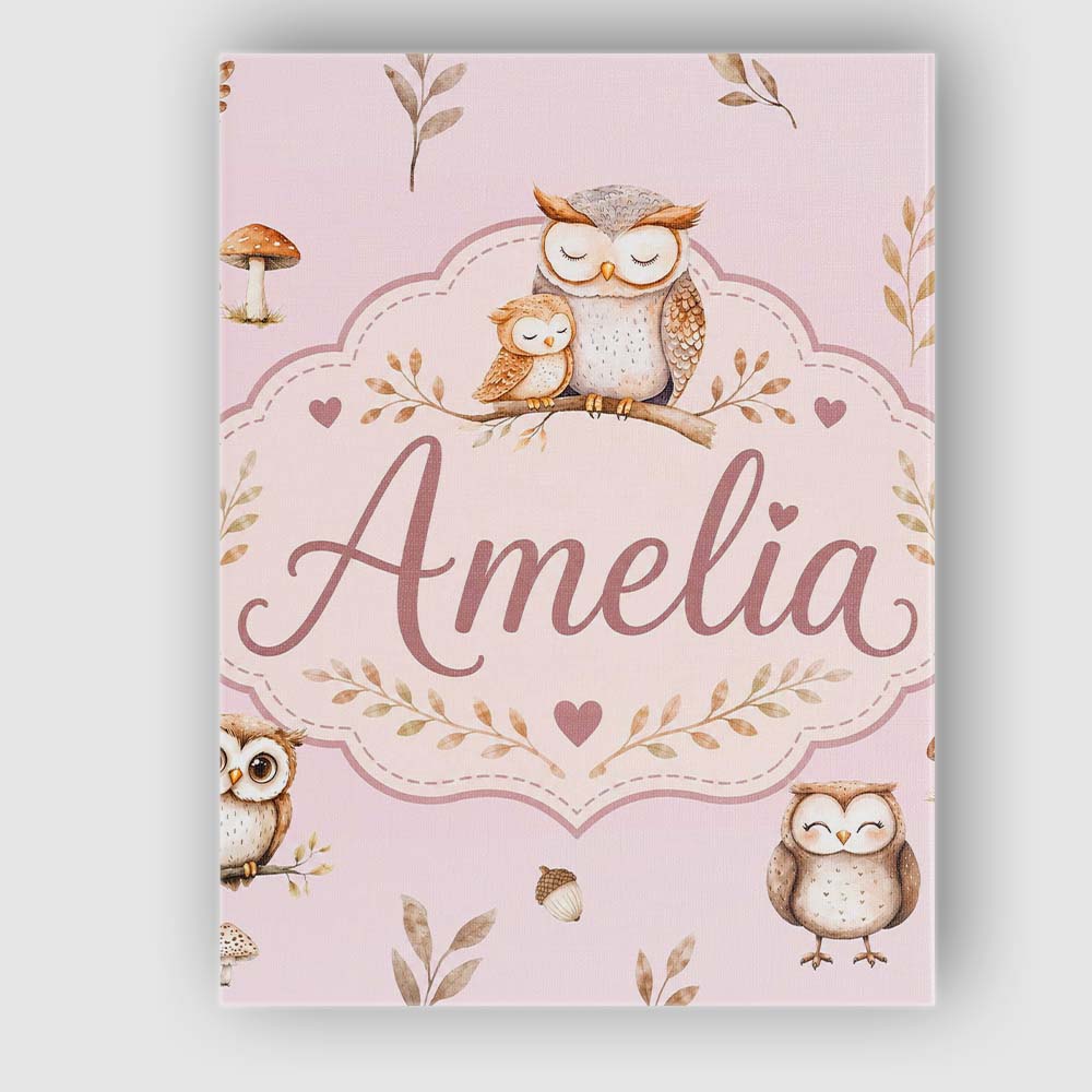 Personalised Name Cute Woodland Owls with Custom Unique Gift Idea Elegant Feature Canvas Wall Art Print Decor Picture Ready to Hang