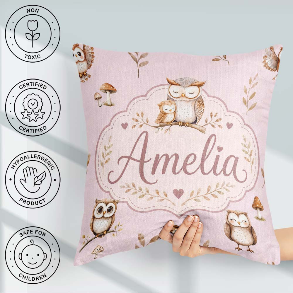 Custom Name Cute Woodland Owls with Leaves Soft Blush Background Square Filled Cushion Throw Pillow Sofa Bed Home Decor Zip Washable UK Made