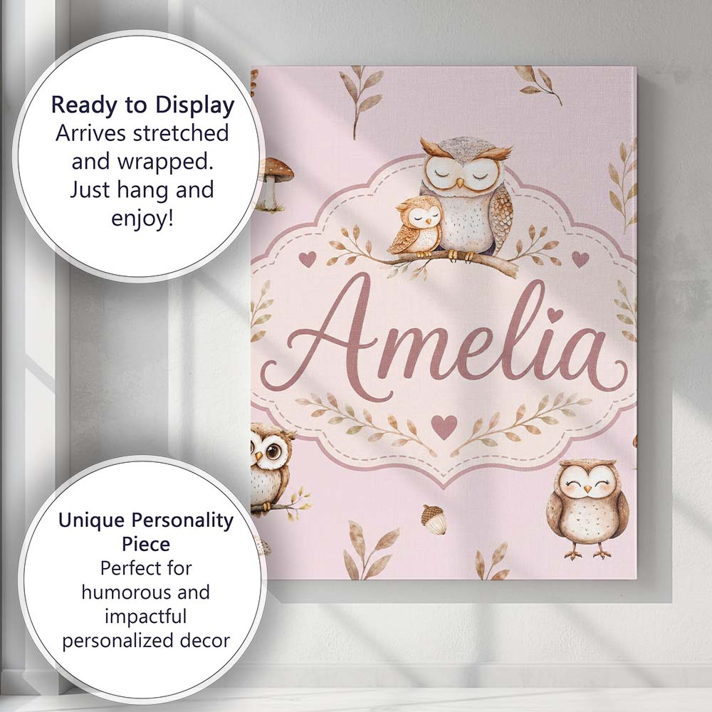 Personalised Name Cute Woodland Owls with Custom Unique Gift Idea Elegant Feature Canvas Wall Art Print Decor Picture Ready to Hang