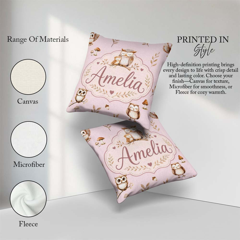 Custom Name Cute Woodland Owls with Leaves Soft Blush Background Square Filled Cushion Throw Pillow Sofa Bed Home Decor Zip Washable UK Made