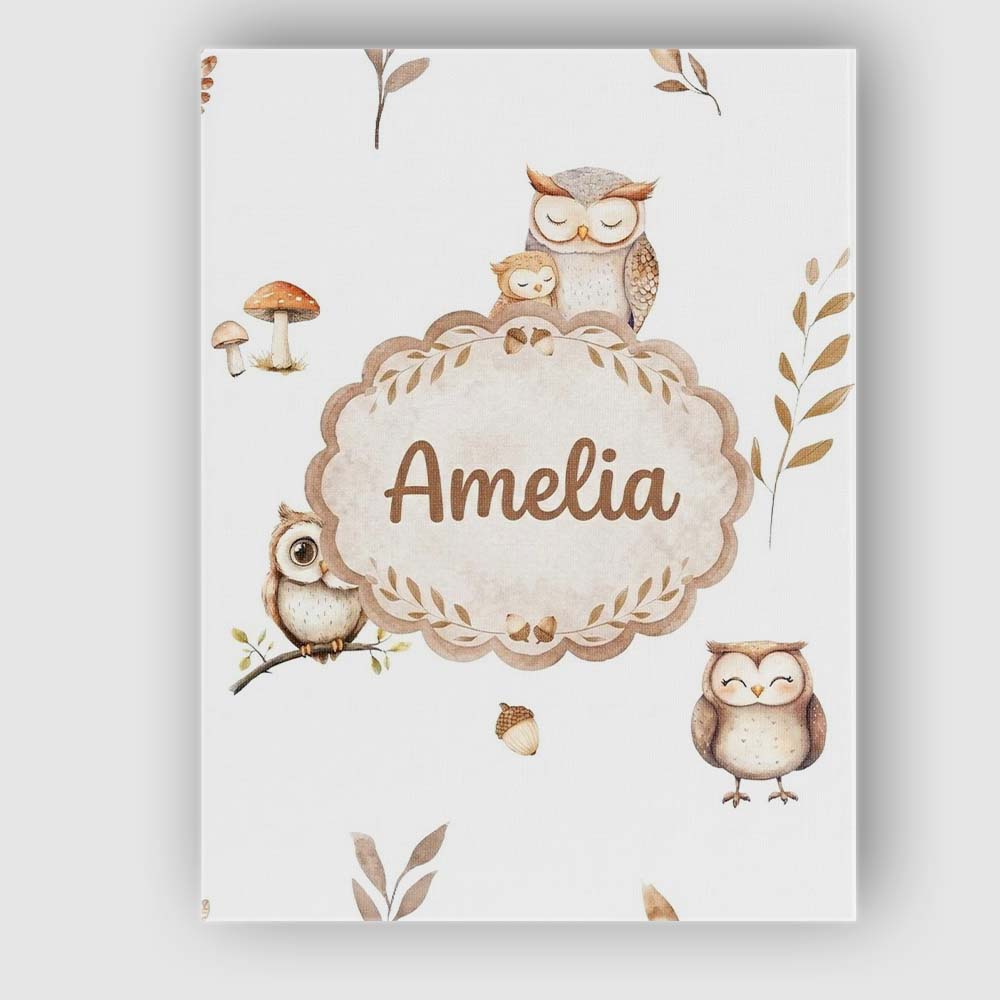 Personalised Name Cute Woodland Owls with Custom Unique Gift Idea Elegant Feature Canvas Wall Art Print Decor Picture Ready to Hang