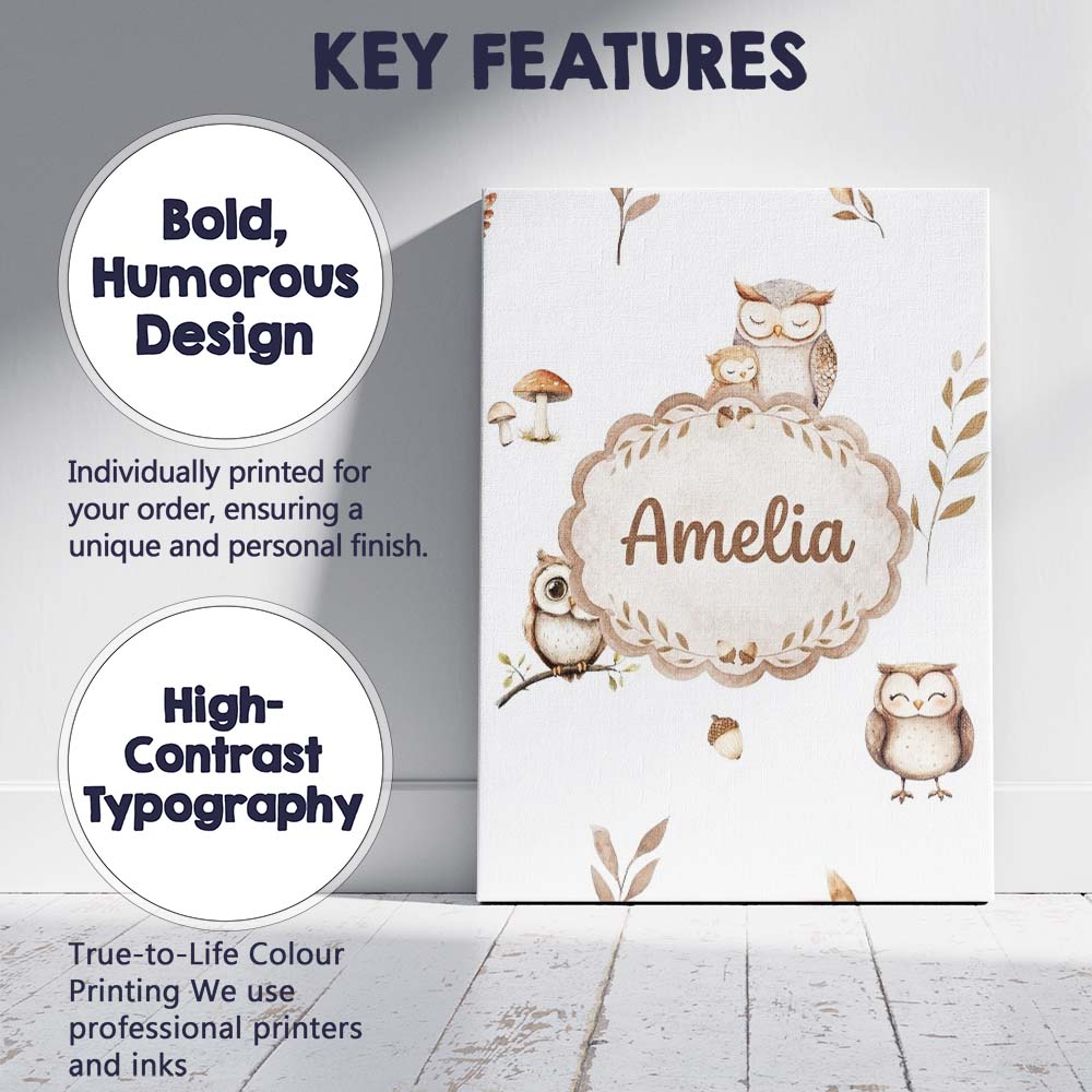 Personalised Name Cute Woodland Owls with Custom Unique Gift Idea Elegant Feature Canvas Wall Art Print Decor Picture Ready to Hang