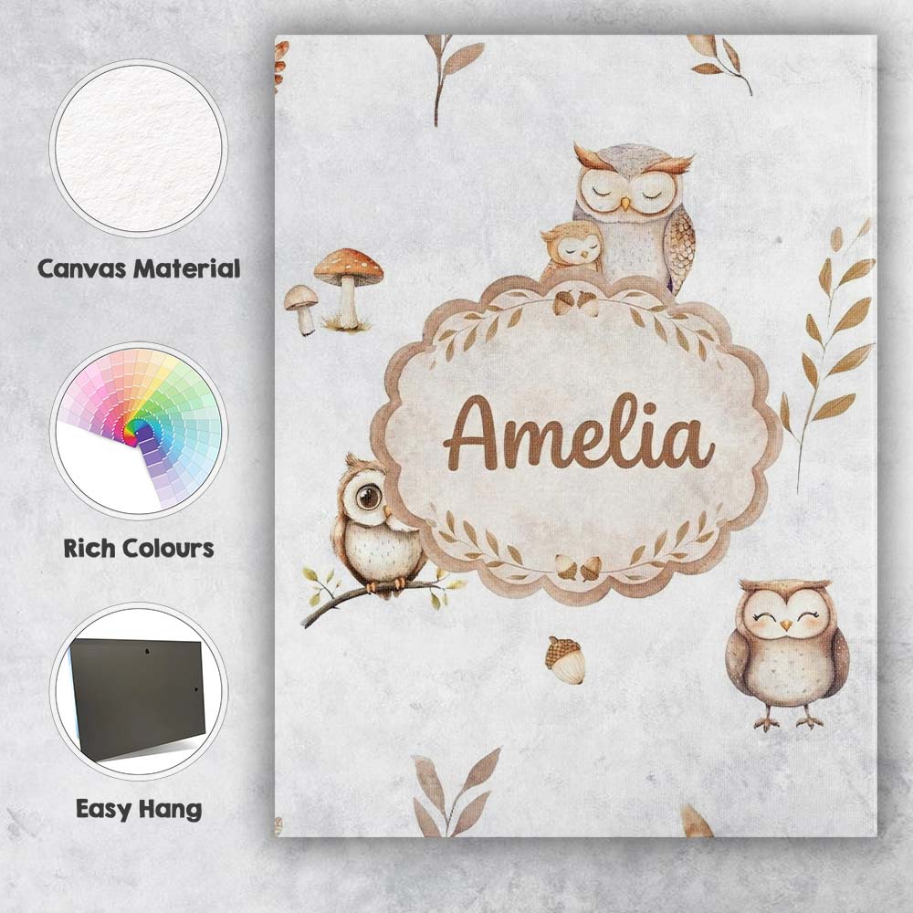 Personalised Name Cute Woodland Owls with Custom Unique Gift Idea Elegant Feature Canvas Wall Art Print Decor Picture Ready to Hang
