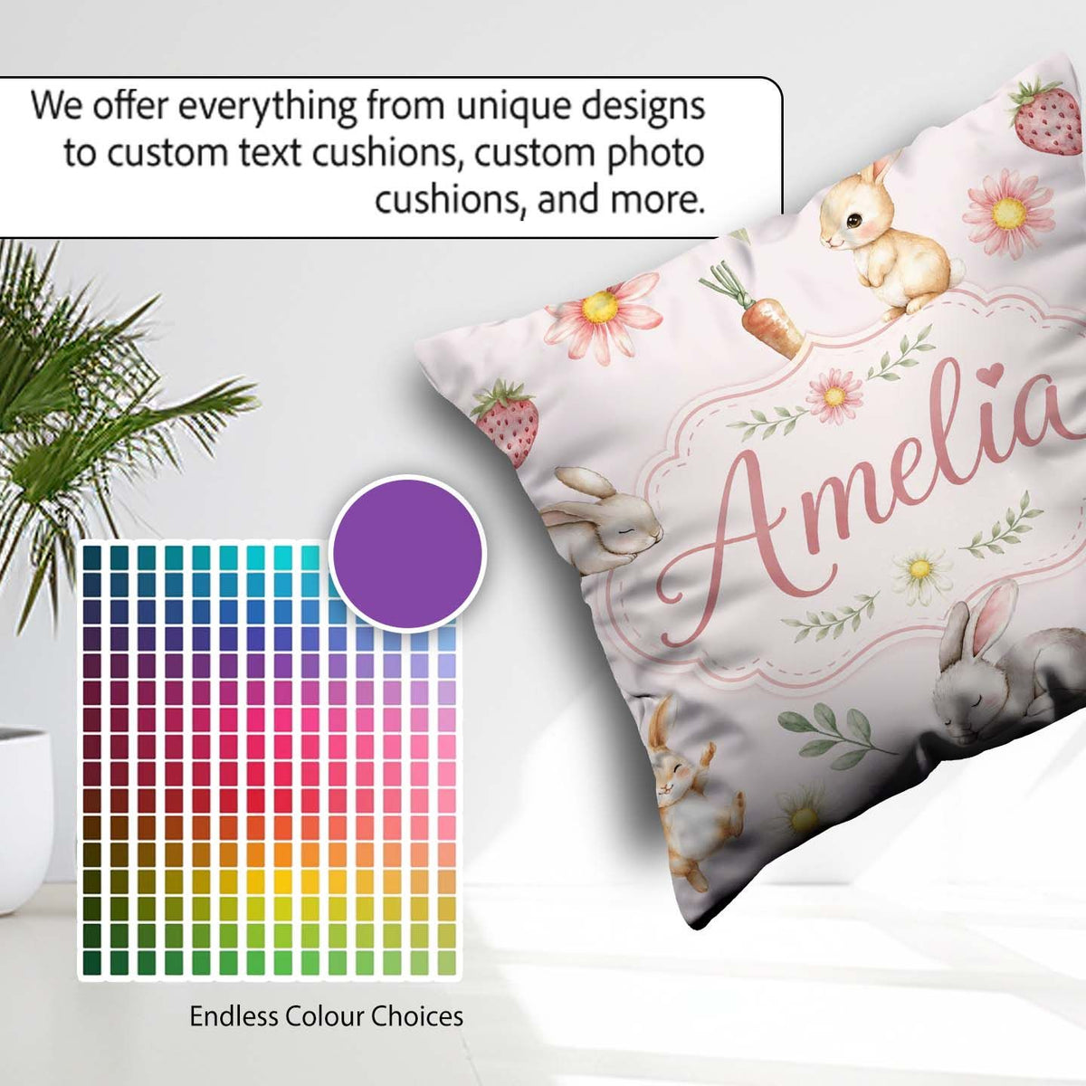 Custom Name Cute Easter Bunnies with Flowers Carrots Soft Beige Square Filled Cushion Throw Pillow Sofa Bed Home Decor Zip Washable UK Made
