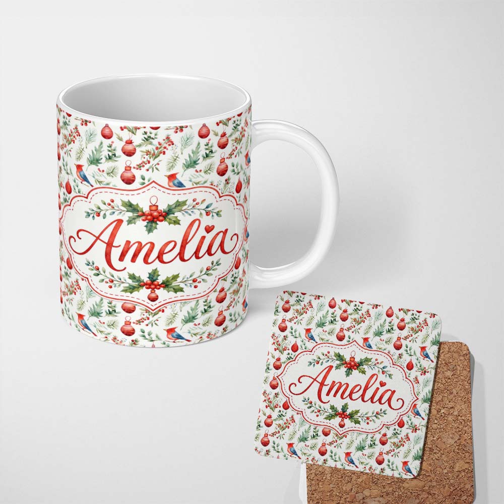Personalized Custom Name Watercolor Christmas Birds Baubles Holly Leaves Festive Seamless 11oz Ceramic Coffee Tea Mug White Large Handle