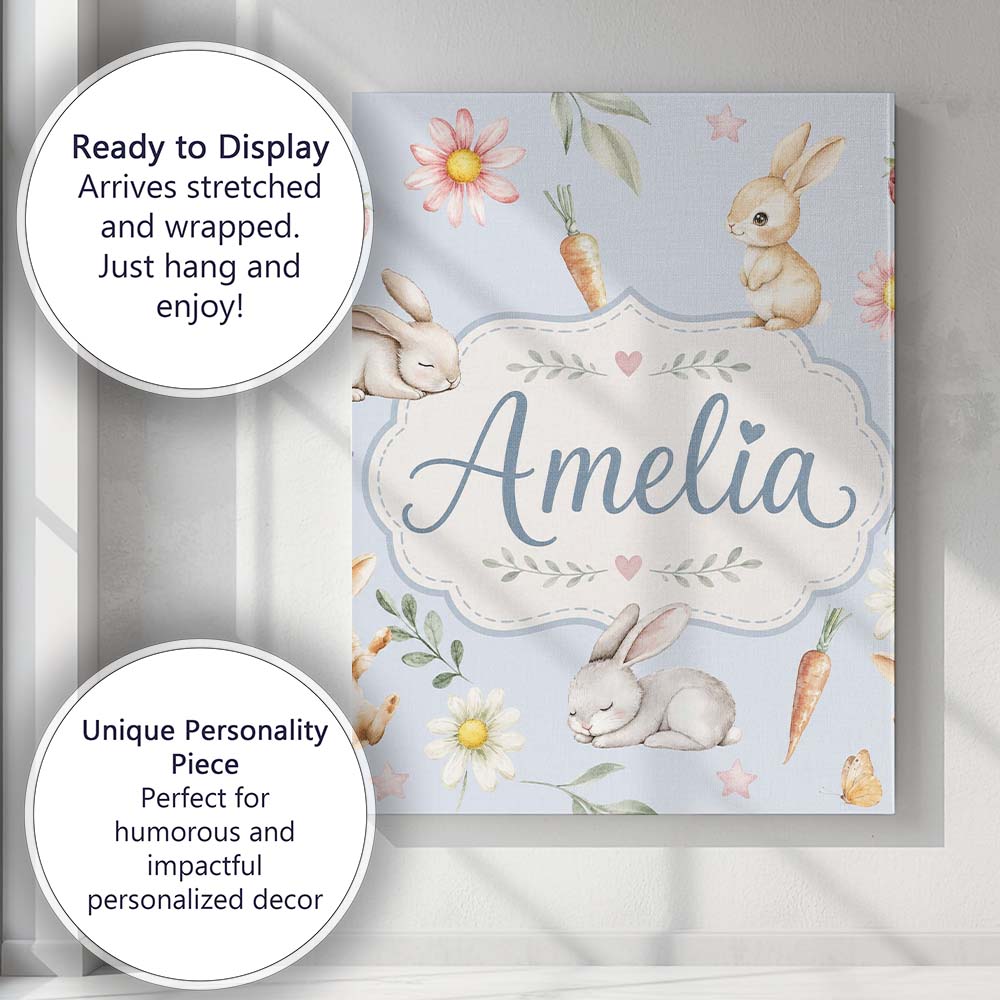 Personalised Name Cute Easter Bunnies with Custom Unique Gift Idea Elegant Feature Canvas Wall Art Print Decor Picture Ready to Hang