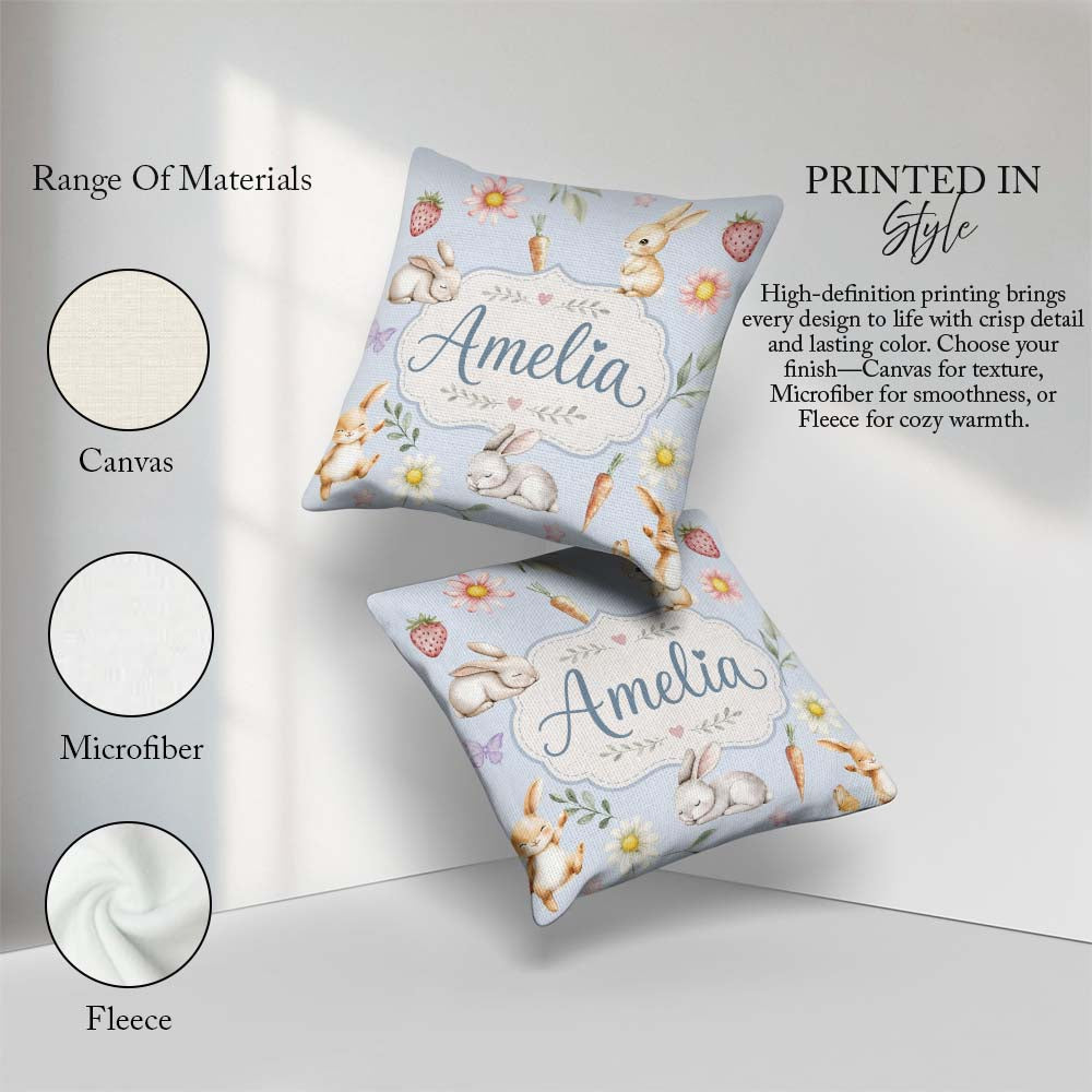 Custom Name Cute Easter Bunnies with Flowers Carrots Soft Blue Square Filled Cushion Throw Pillow Sofa Bed Home Decor Zip Washable UK Made