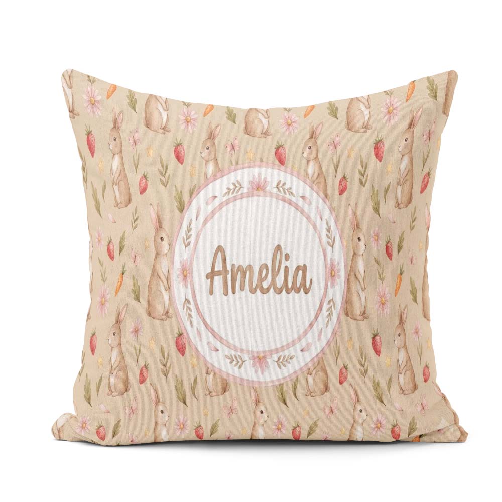 Custom Name Easter Bunnies with Flowers Carrots Neutral Seamless Square Filled Cushion Throw Pillow Sofa Bed Home Decor Zip Washable UK Made