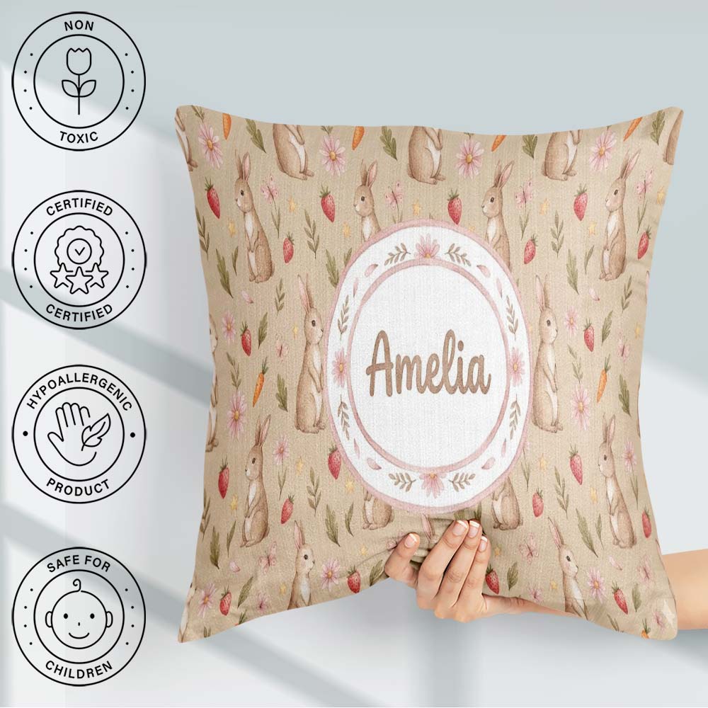Custom Name Easter Bunnies with Flowers Carrots Neutral Seamless Square Filled Cushion Throw Pillow Sofa Bed Home Decor Zip Washable UK Made