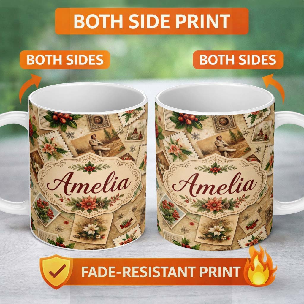 Personalized Custom Name Vintage Christmas Postcards Floral Letters Collage Seamless Pattern 11oz Ceramic Coffee Tea Mug White Large Handle