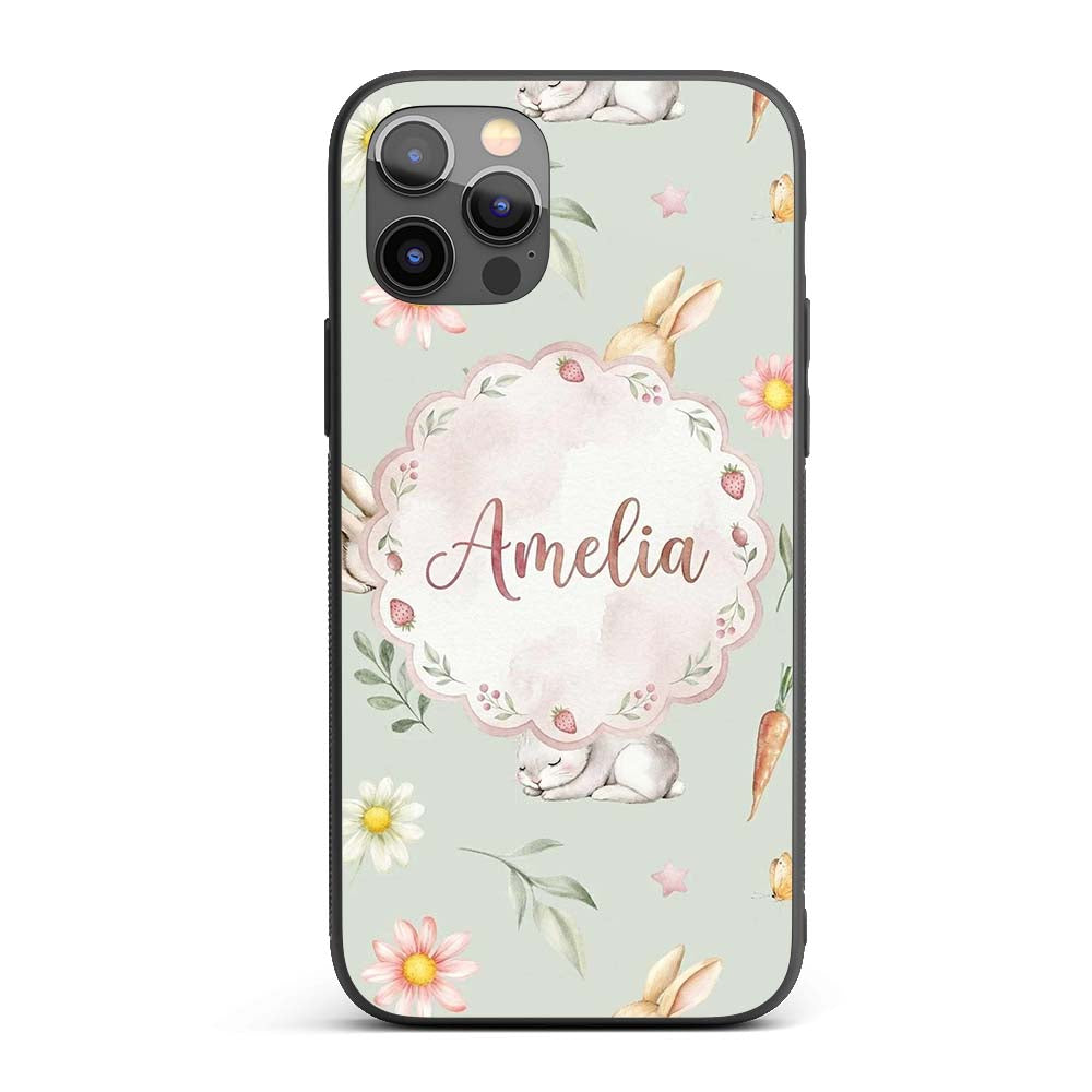 Cute Easter Bunnies with Flowers Carrots Soft Custom Name Protective Phone Case Mobile Cover Durable Everyday Smartphone Shock Resistant