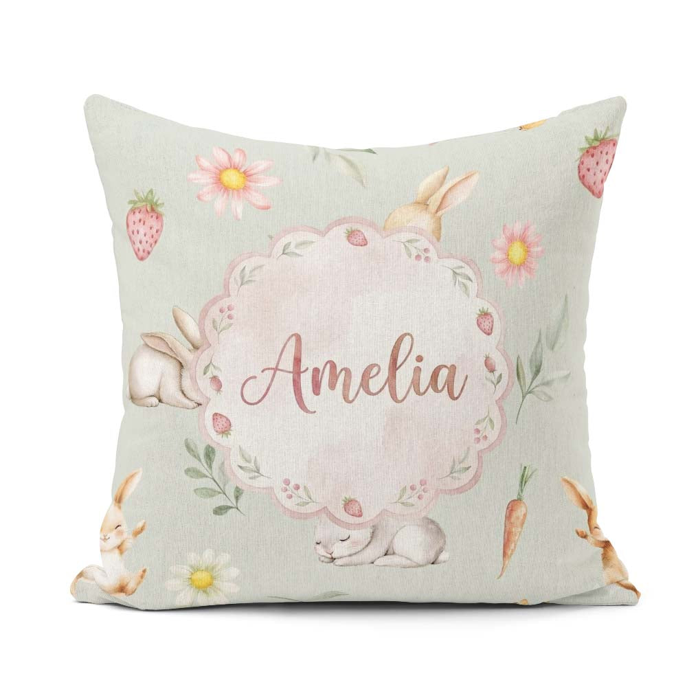 Custom Name Cute Easter Bunnies with Flowers Carrots Soft Sage Square Filled Cushion Throw Pillow Sofa Bed Home Decor Zip Washable UK Made