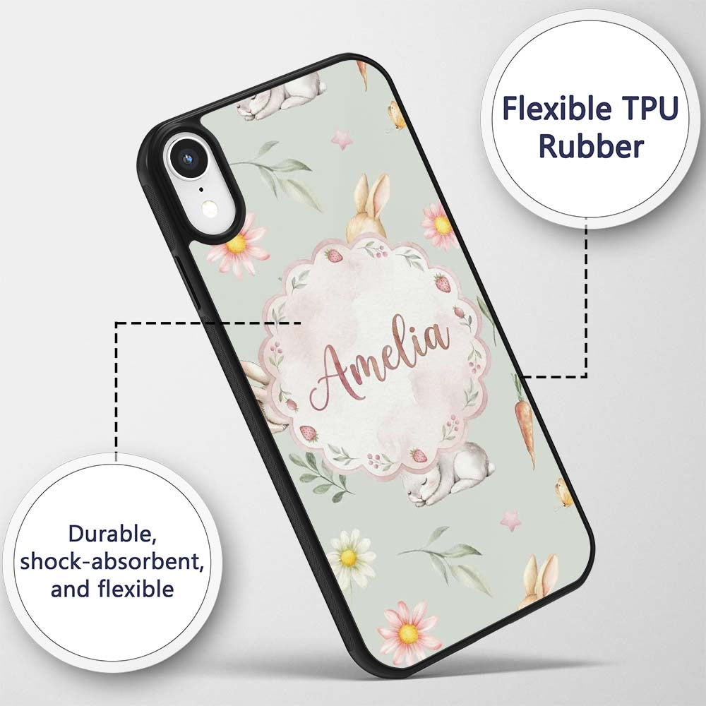 Cute Easter Bunnies with Flowers Carrots Soft Custom Name Protective Phone Case Mobile Cover Durable Everyday Smartphone Shock Resistant