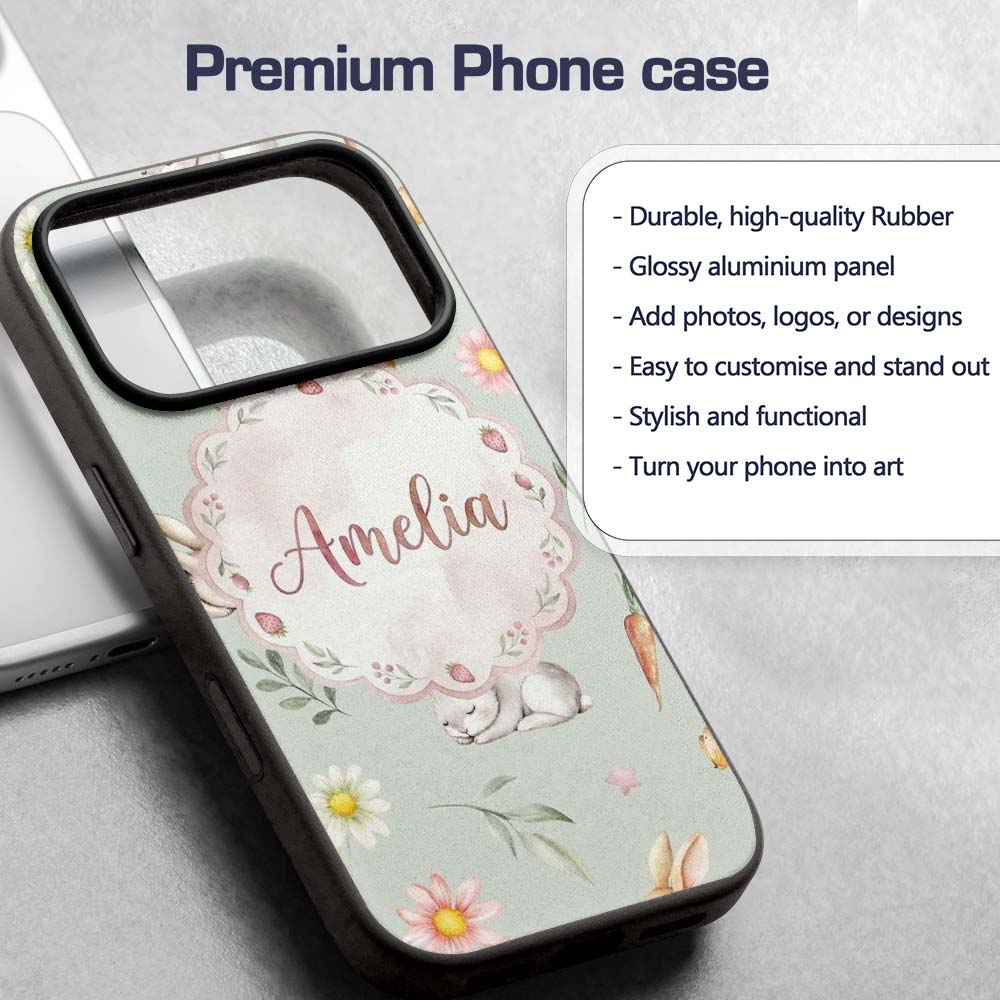 Cute Easter Bunnies with Flowers Carrots Soft Custom Name Protective Phone Case Mobile Cover Durable Everyday Smartphone Shock Resistant