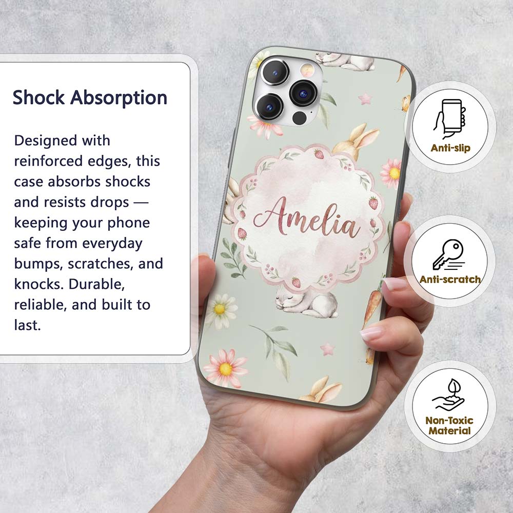 Cute Easter Bunnies with Flowers Carrots Soft Custom Name Protective Phone Case Mobile Cover Durable Everyday Smartphone Shock Resistant