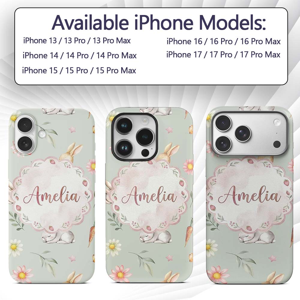 Cute Easter Bunnies with Flowers Carrots Soft Custom Name Protective Phone Case Mobile Cover Durable Everyday Smartphone Shock Resistant