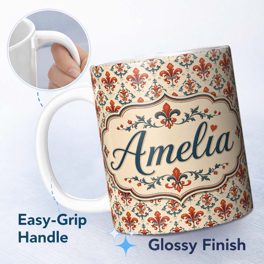 Personalized Custom Name Classic Red Fleur de Lis with Decorative Floral Motif on Neutral 11oz Ceramic Coffee Tea Mug White Large Handle