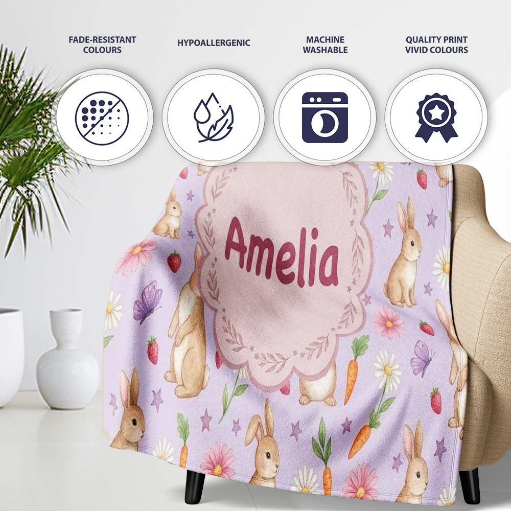 Cute Easter Bunnies with Flowers Carrots Soft Lilac Background Personalised Custom Name Super Soft Fleece Blanket Bed Sofa Throw
