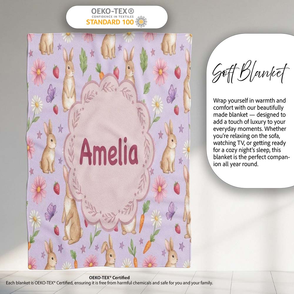 Cute Easter Bunnies with Flowers Carrots Soft Lilac Background Personalised Custom Name Super Soft Fleece Blanket Bed Sofa Throw