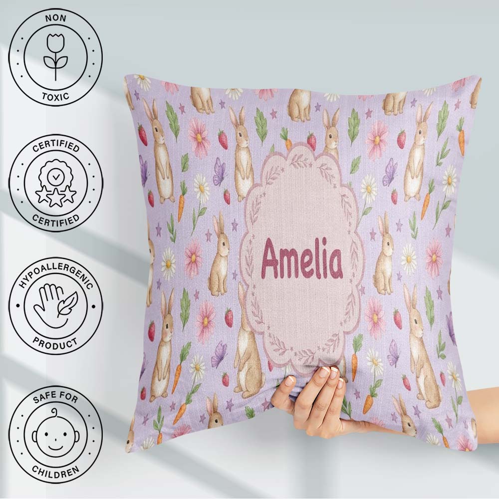 Custom Name Cute Easter Bunnies with Flowers Carrots Soft Lilac Square Filled Cushion Throw Pillow Sofa Bed Home Decor Zip Washable UK Made