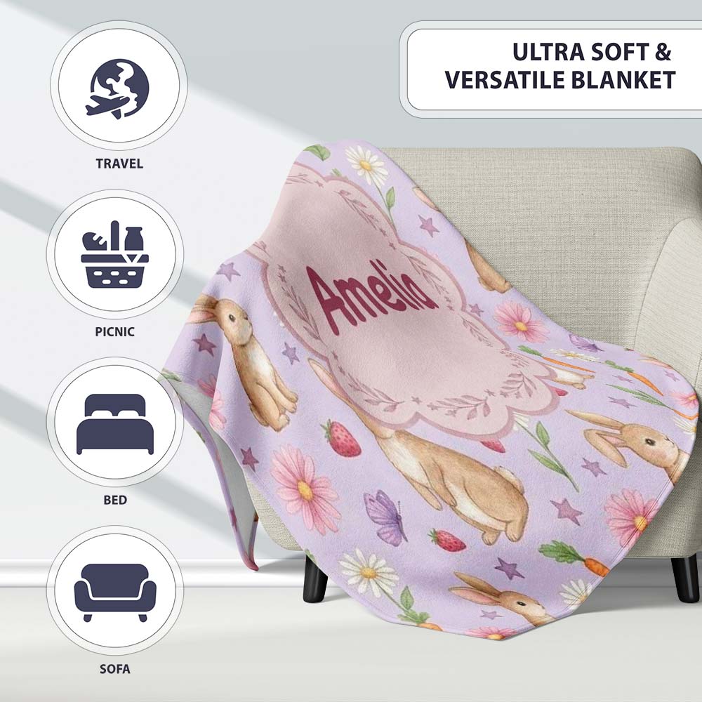 Cute Easter Bunnies with Flowers Carrots Soft Lilac Background Personalised Custom Name Super Soft Fleece Blanket Bed Sofa Throw
