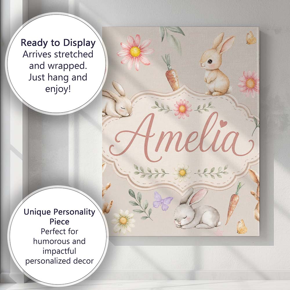 Personalised Name Cute Easter Bunnies with Custom Unique Gift Idea Elegant Feature Canvas Wall Art Print Decor Picture Ready to Hang