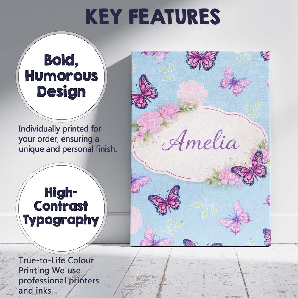 Personalised Name Vibrant Pink Purple Butterflies Sky Blue Seamless Custom Canvas Wall Art Print Decor Picture Ready to Hang