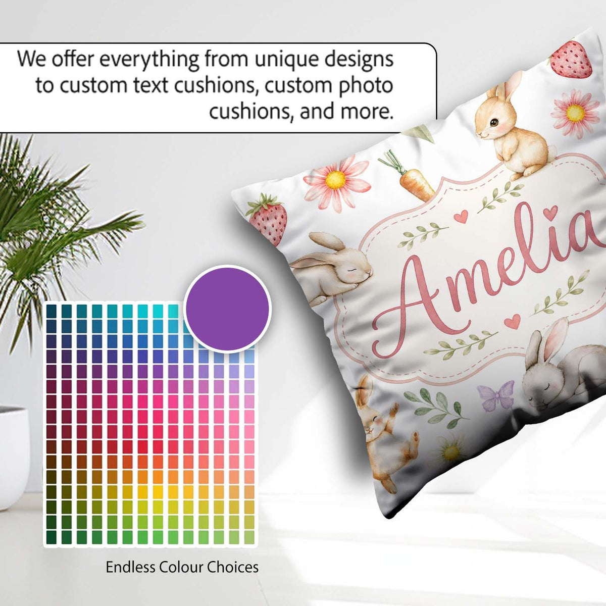 Custom Name Easter Bunnies with Flowers Carrots White Background Square Filled Cushion Throw Pillow Sofa Bed Home Decor Zip Washable UK Made