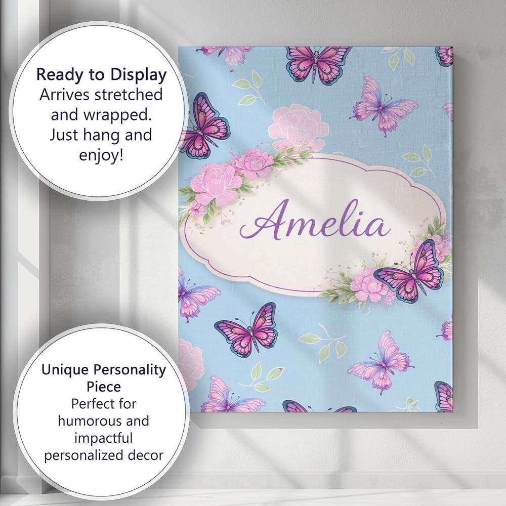 Personalised Name Vibrant Pink Purple Butterflies Sky Blue Seamless Custom Canvas Wall Art Print Decor Picture Ready to Hang
